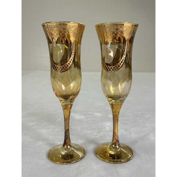 Amber Iridescent 8.25” Glass Flutes with Gold Patterned Overlay Heavy Charity - Picture 2 of 9